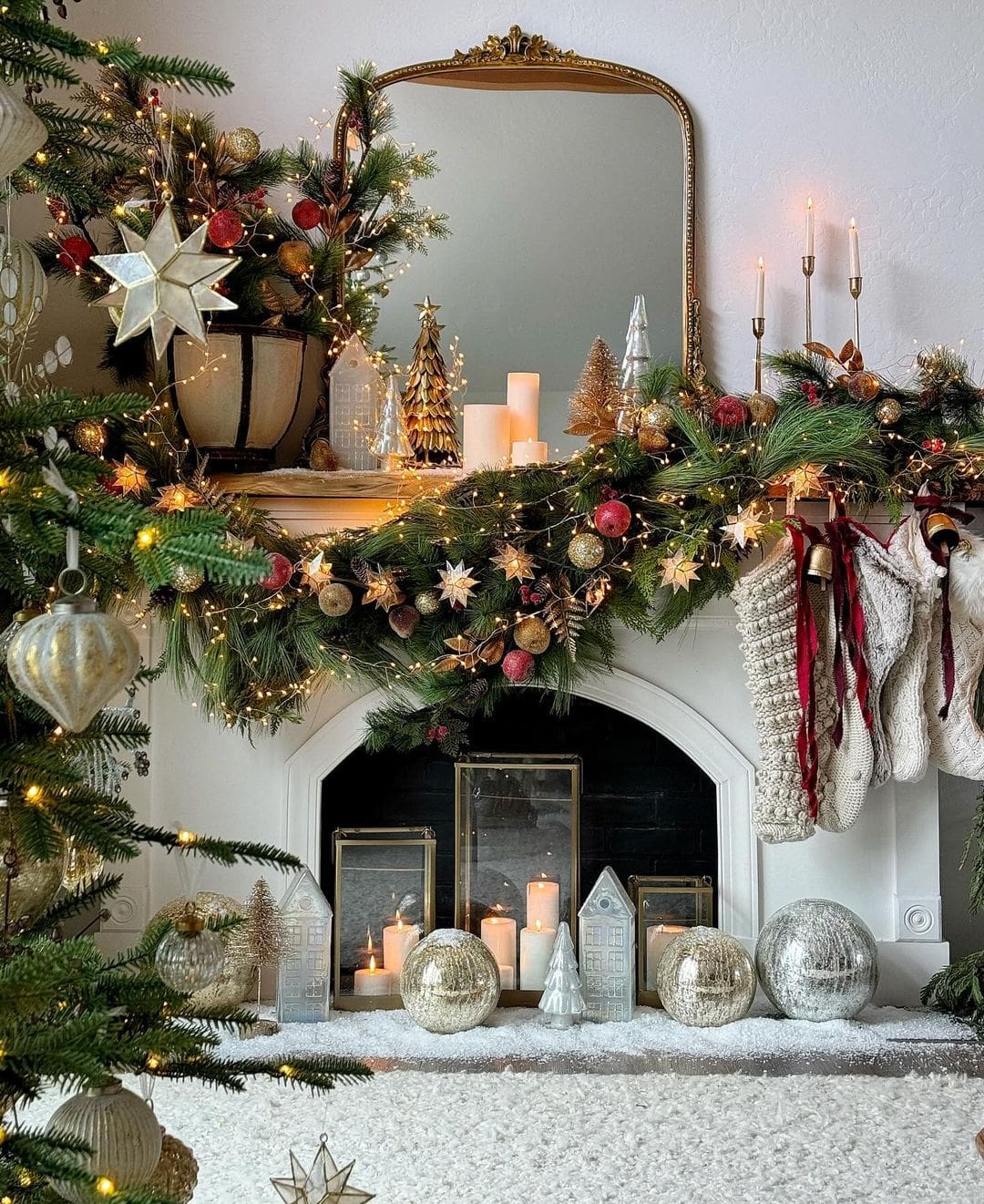 Example of Christmas mantel decor idea featuring a modern traditional look above a fireplace