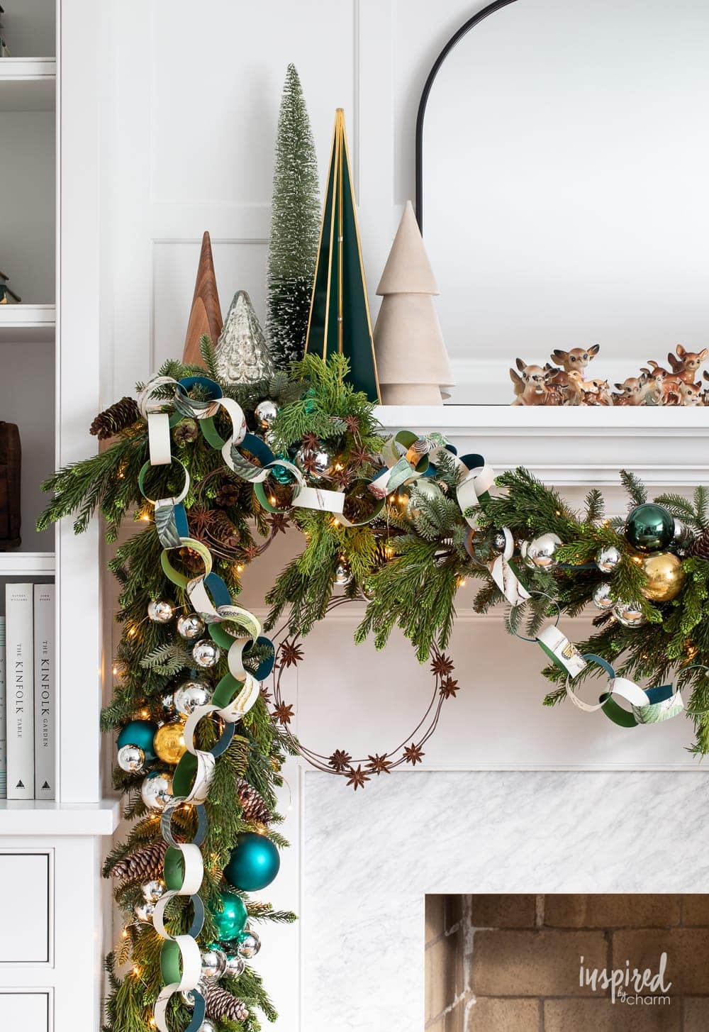 Example of Christmas mantel decor idea featuring a modern traditional look above a fireplace