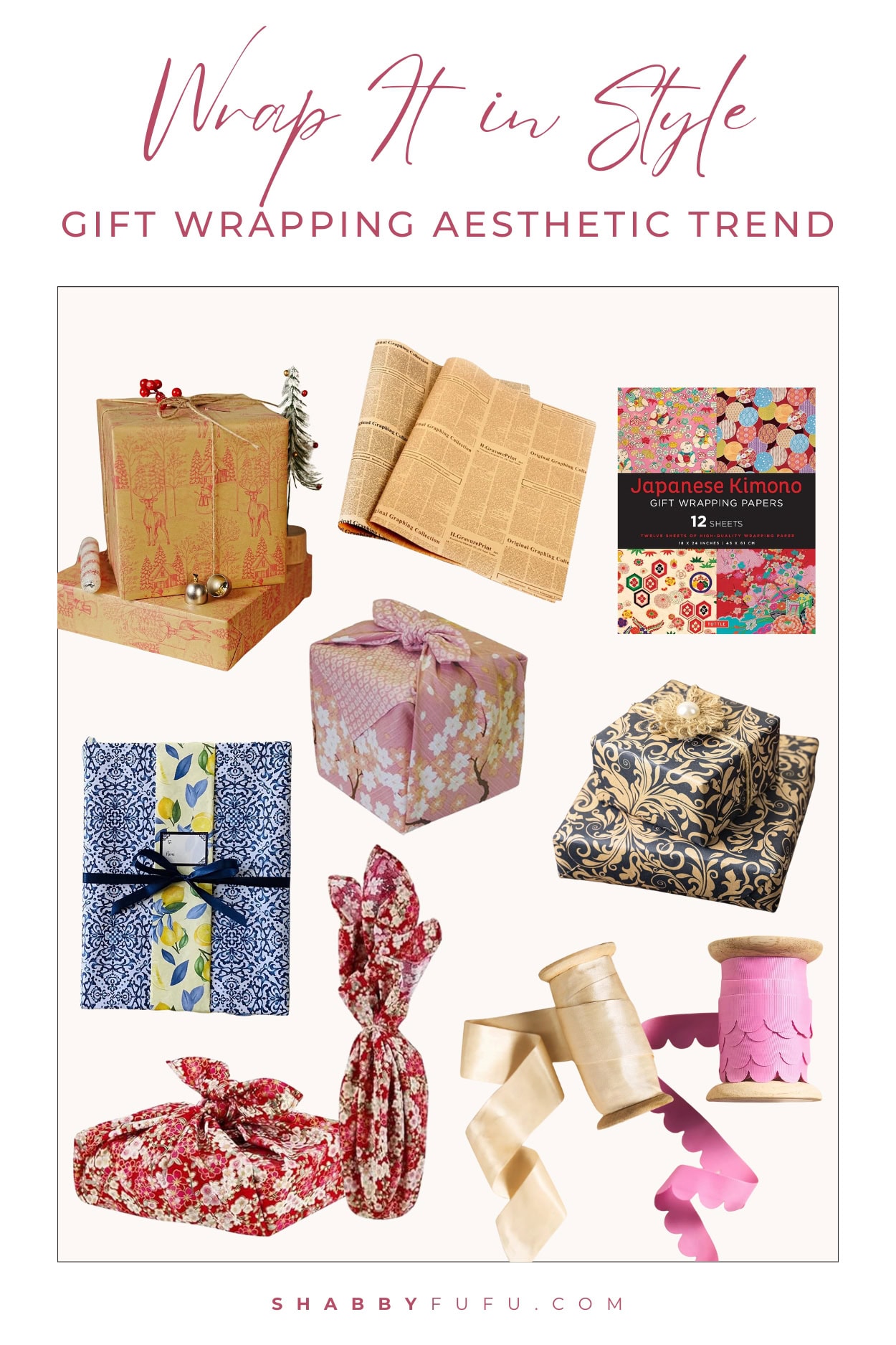 collage featuring gift wrapping products titled "Wrap it in style - gift wrapping aesthetic"