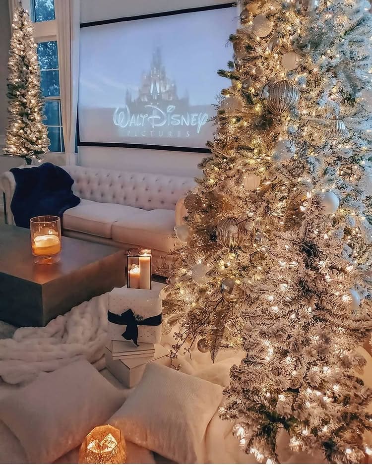 Holiday movie night ideas featuring a Christmas themed living room