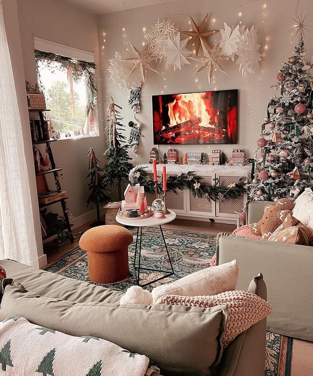 Holiday movie night ideas featuring a Christmas themed living room