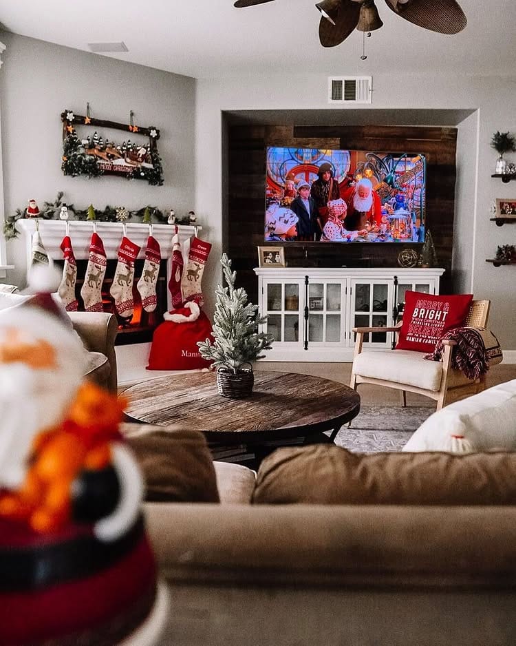 Holiday movie night ideas featuring a Christmas themed living room