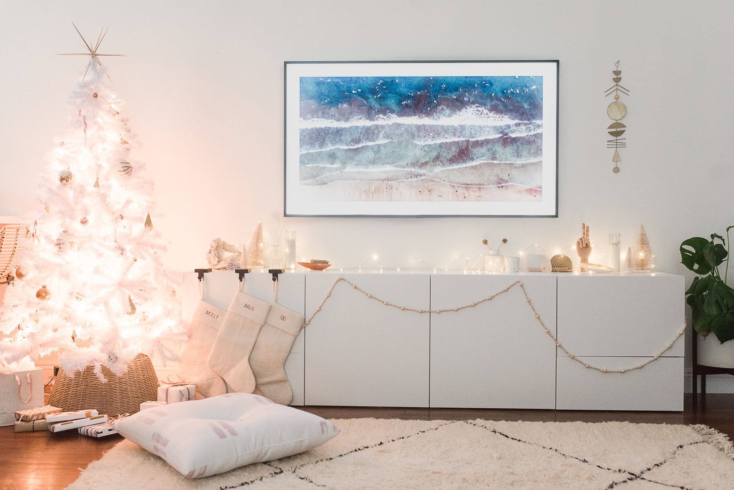 Holiday movie night ideas featuring a Christmas themed living room