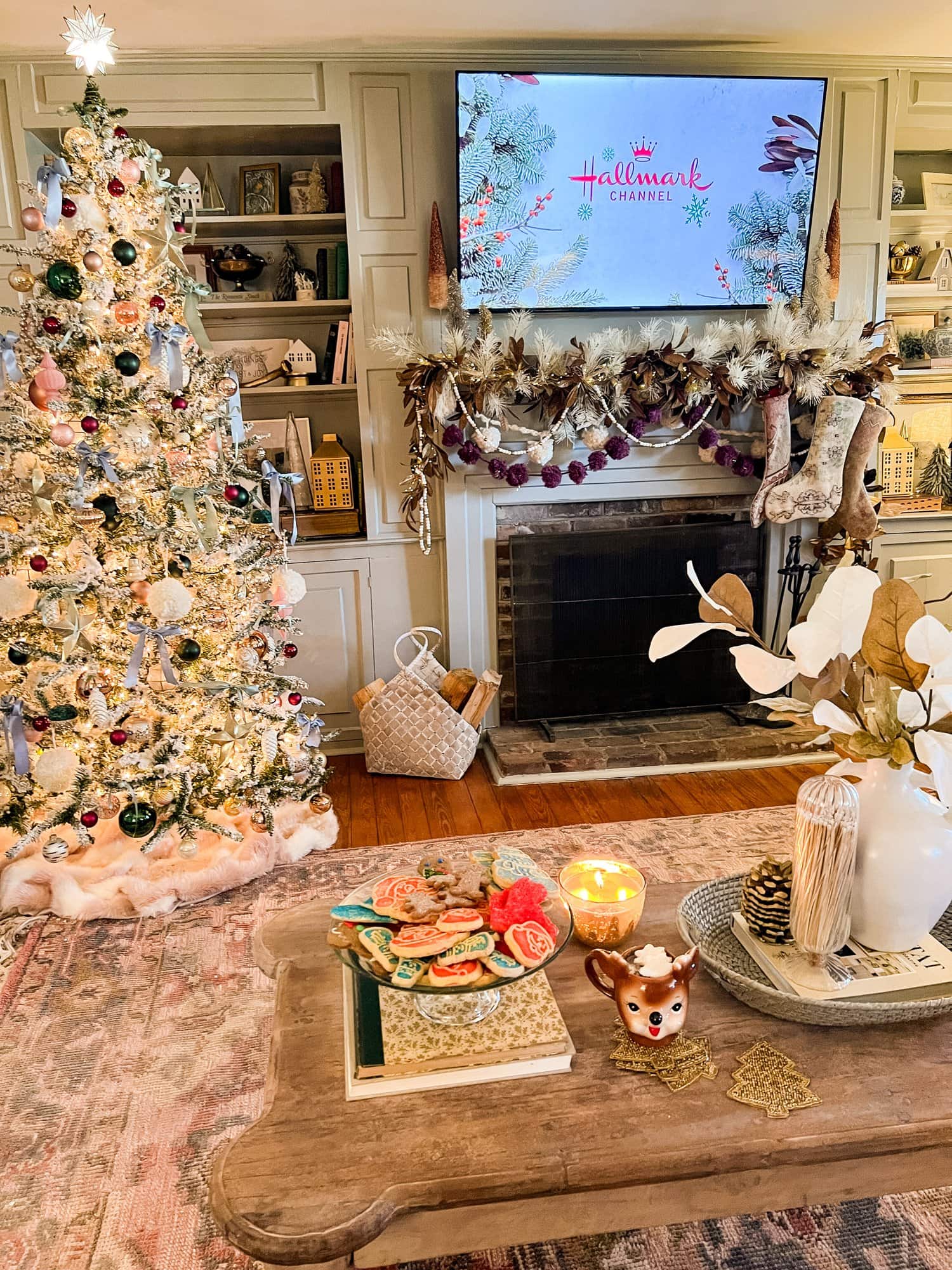 Holiday movie night ideas featuring a Christmas themed living room