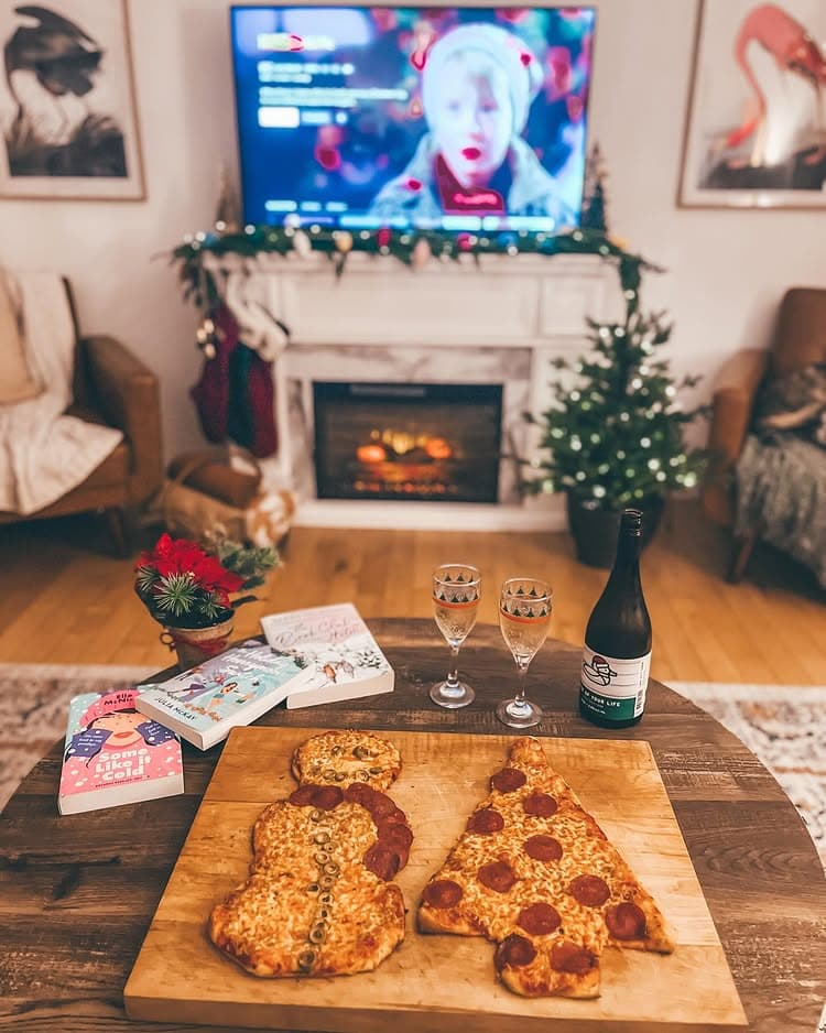Holiday movie night ideas featuring a Christmas themed living room