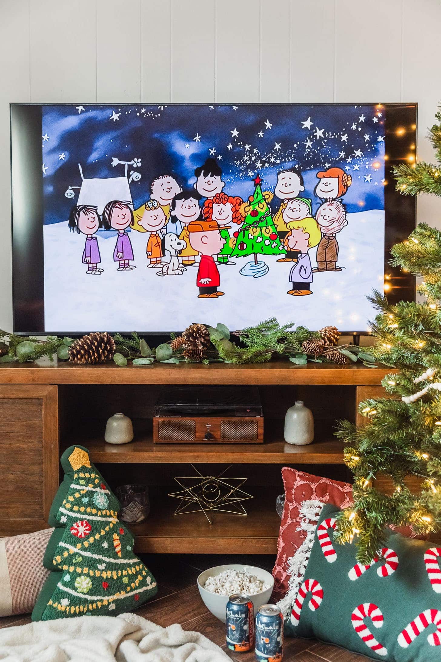Holiday movie night ideas featuring a Christmas themed living room