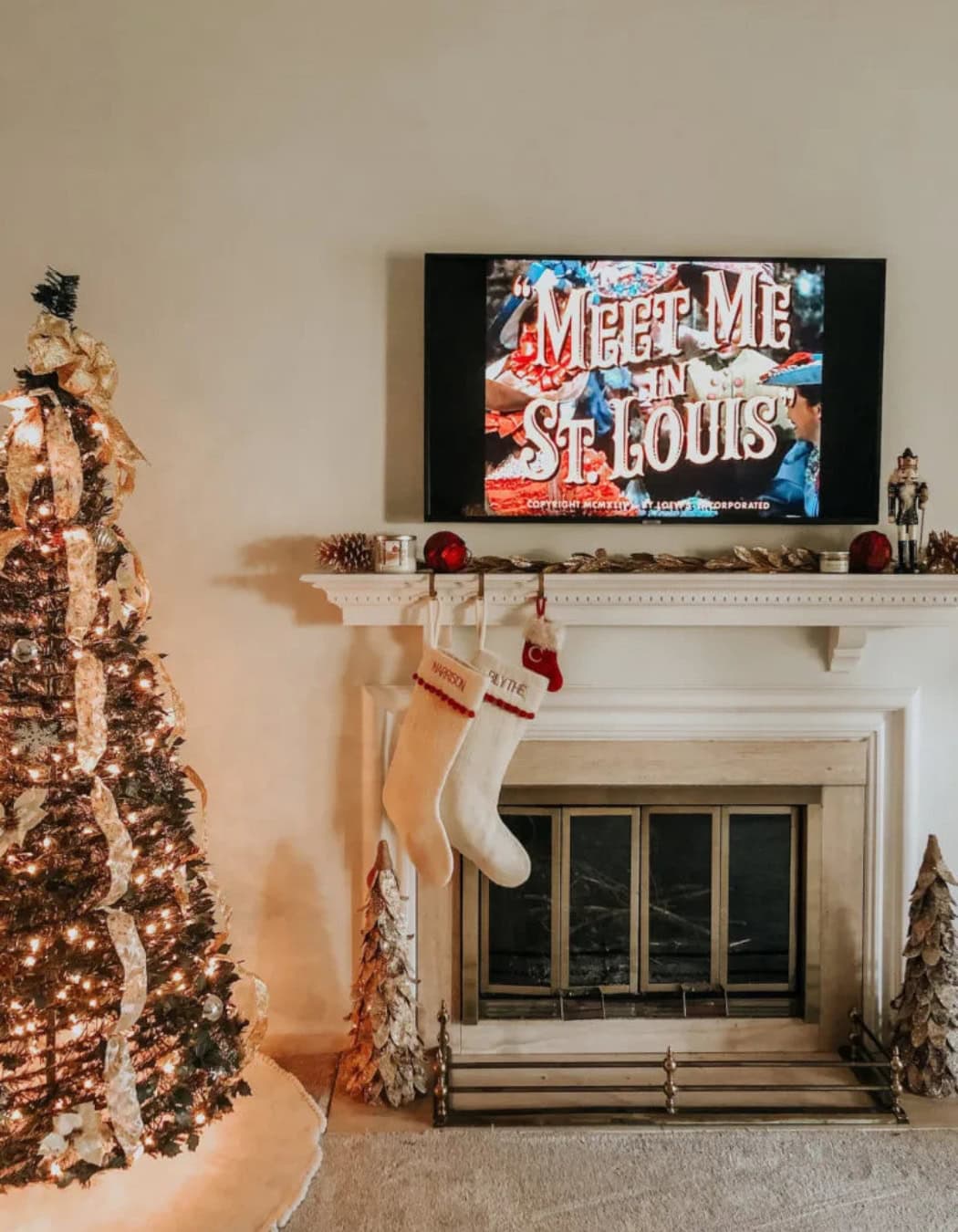 Holiday movie night ideas featuring a Christmas themed living room