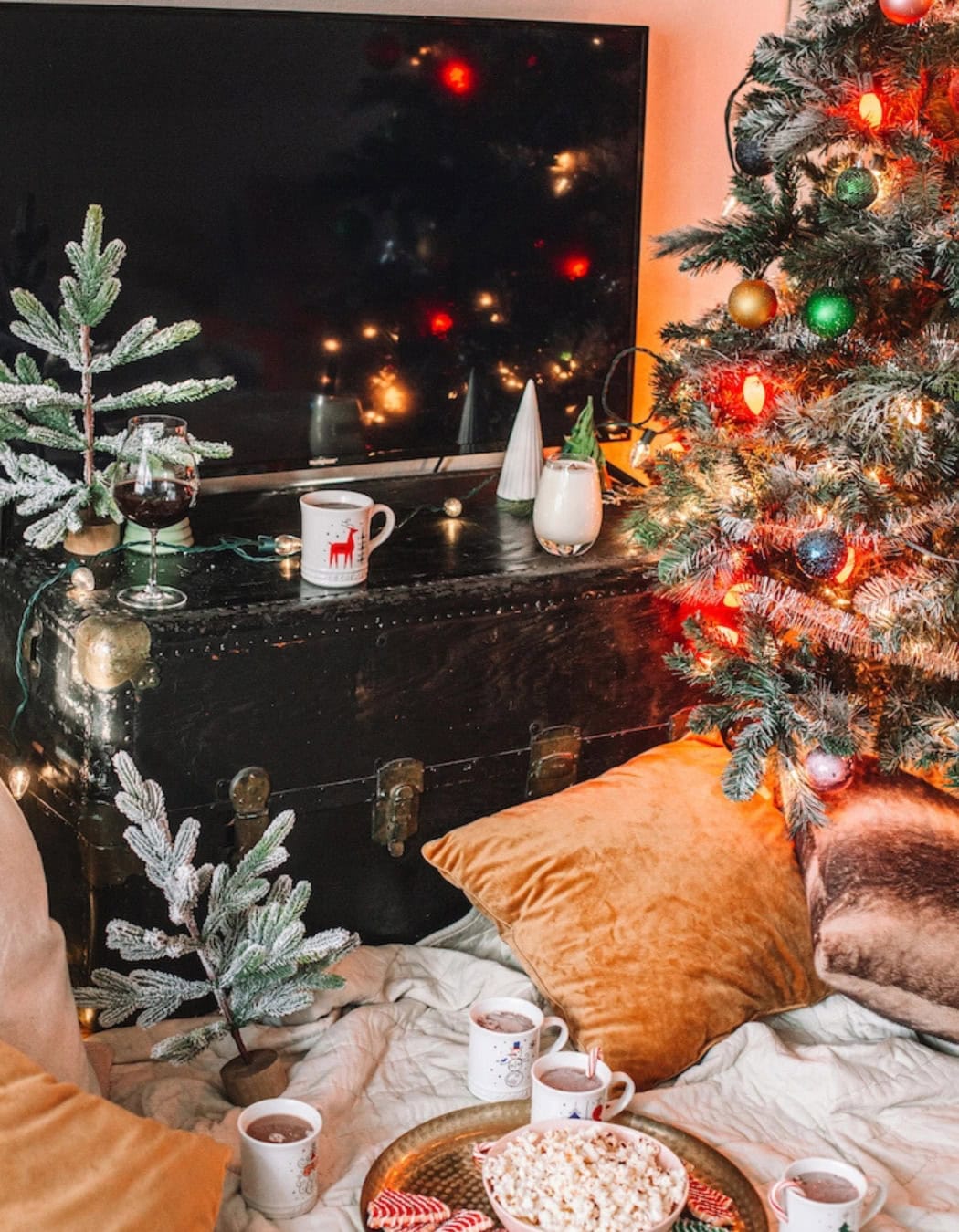 Holiday movie night ideas featuring a Christmas themed living room