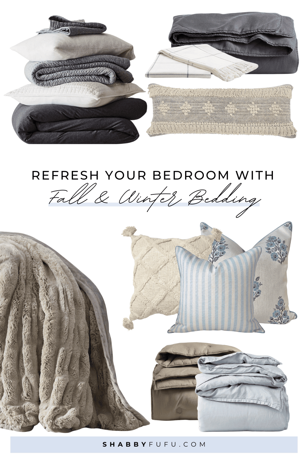 Ideas for seasonal bedding swaps for fall and winter in a collage featuring bedding products