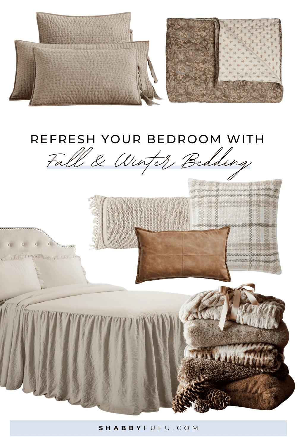 Ideas for seasonal bedding swaps for fall and winter in a collage featuring bedding products