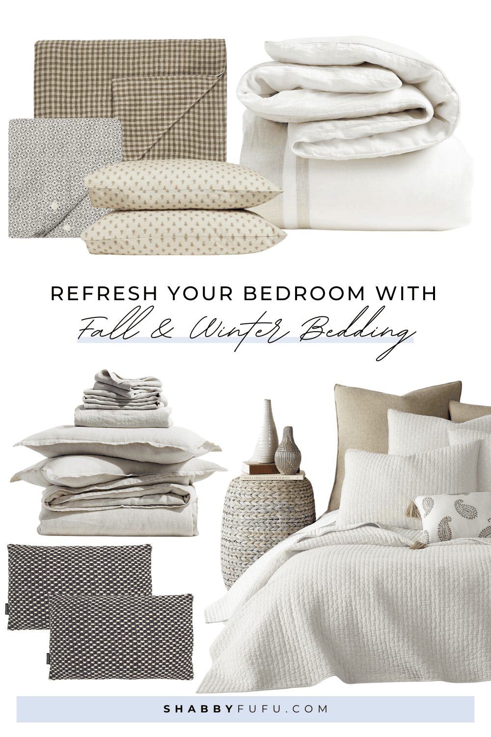 Ideas for seasonal bedding swaps for fall and winter in a collage featuring bedding products