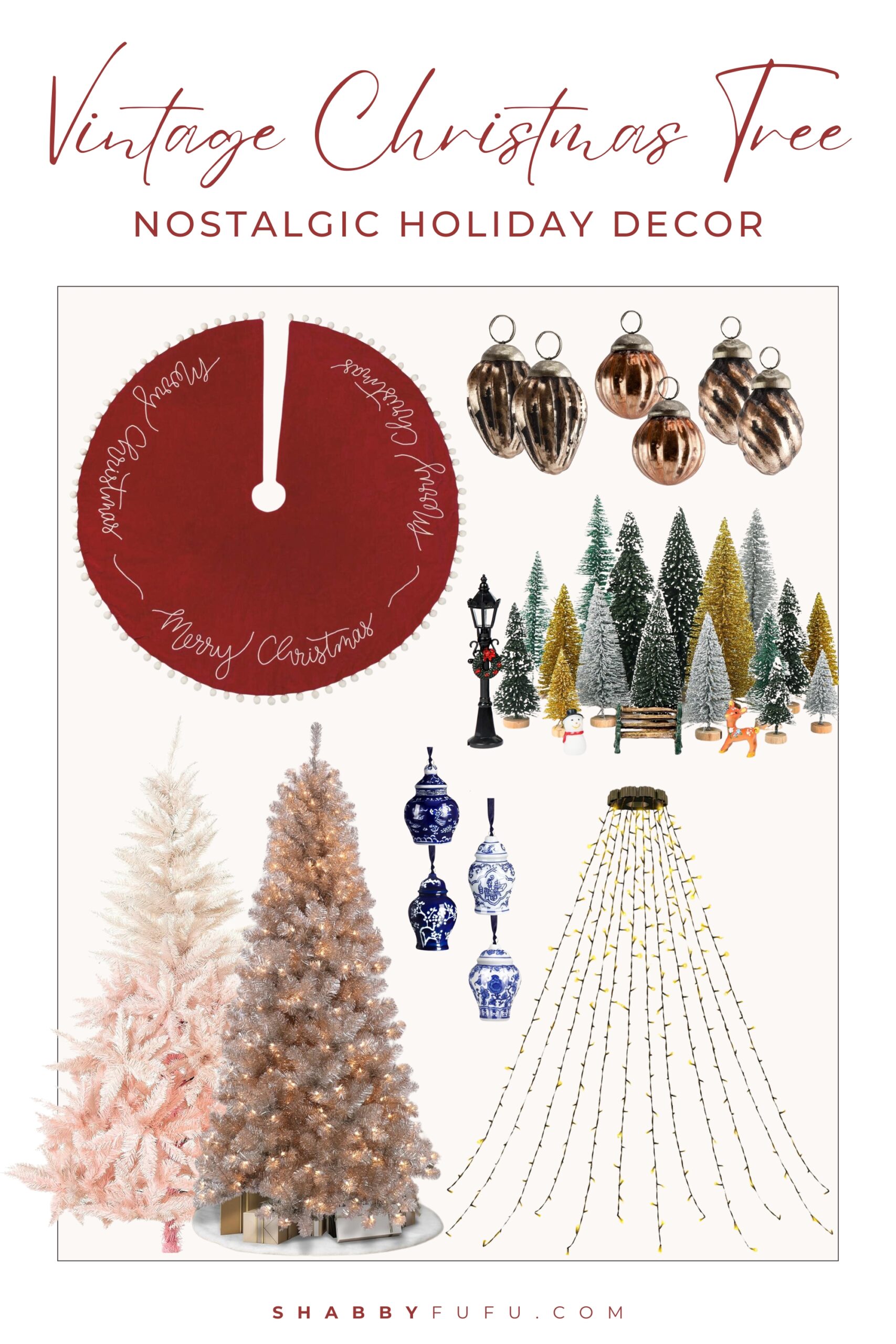 Collage image featuring seasonal products with title "Vintage Christmas Tree - Nostalgic Holiday Decor"