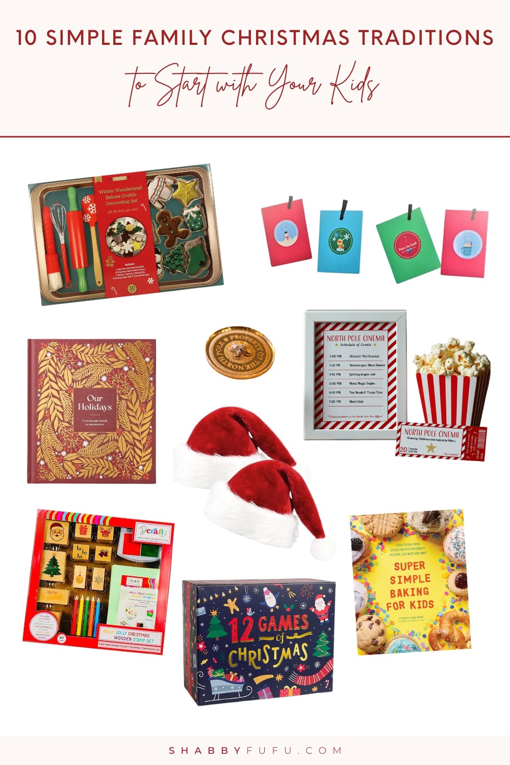 Collage Pinterest graphic featuring products for creating new family christmas traditions