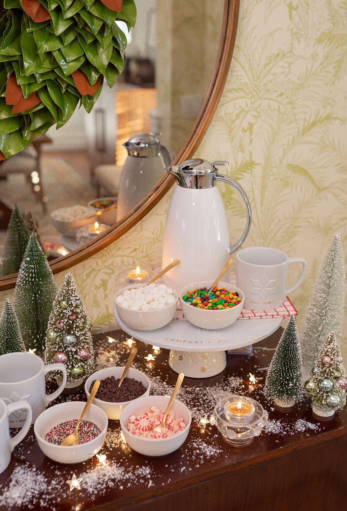 Set up of a hot chocolate bar for holiday party idea in chic modern style