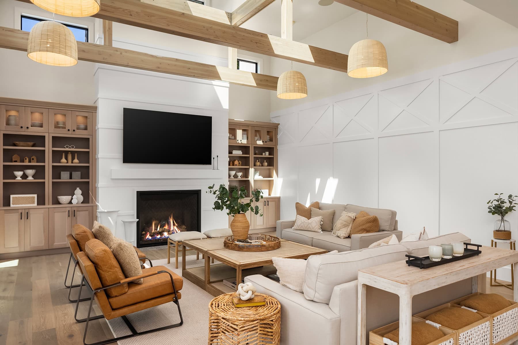 Decorating after Christmas idea featuring a modern farmhouse living room during winter in neutral tones