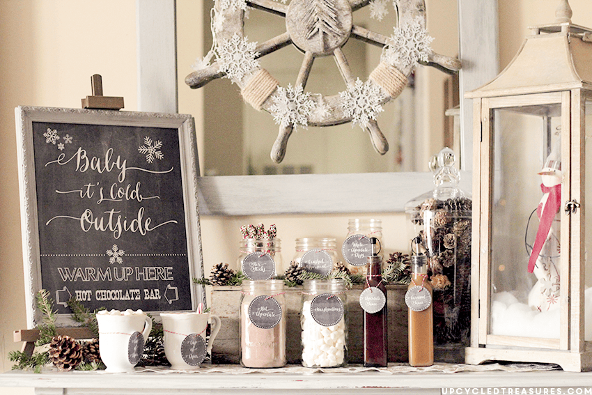 Set up of a hot chocolate bar for holiday party idea in farmhouse style