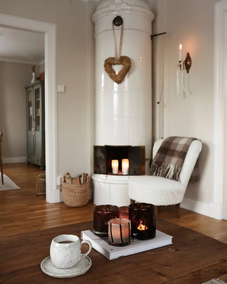 Decorating after Christmas idea featuring a rustic but elevated reading corner during winter in neutral tones