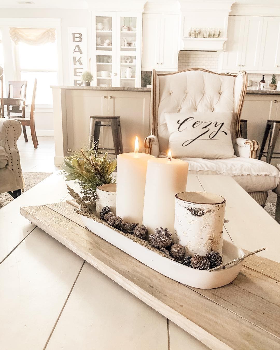 Decorating after Christmas idea featuring a farmhouse white vignette for winter