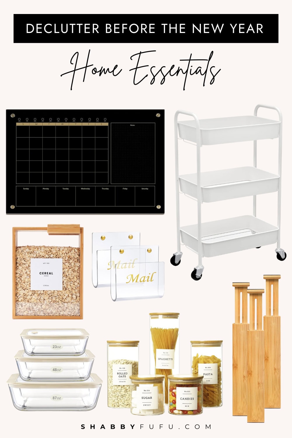 Declutter before new year ideas collage featuring home finds