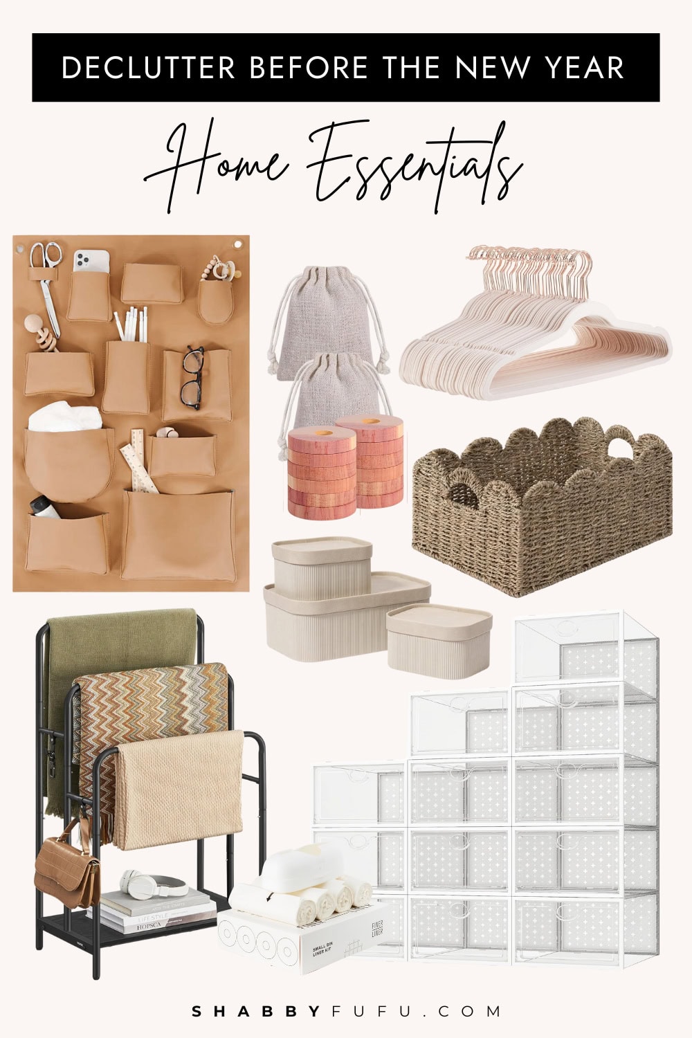 Declutter before new year ideas collage featuring home finds