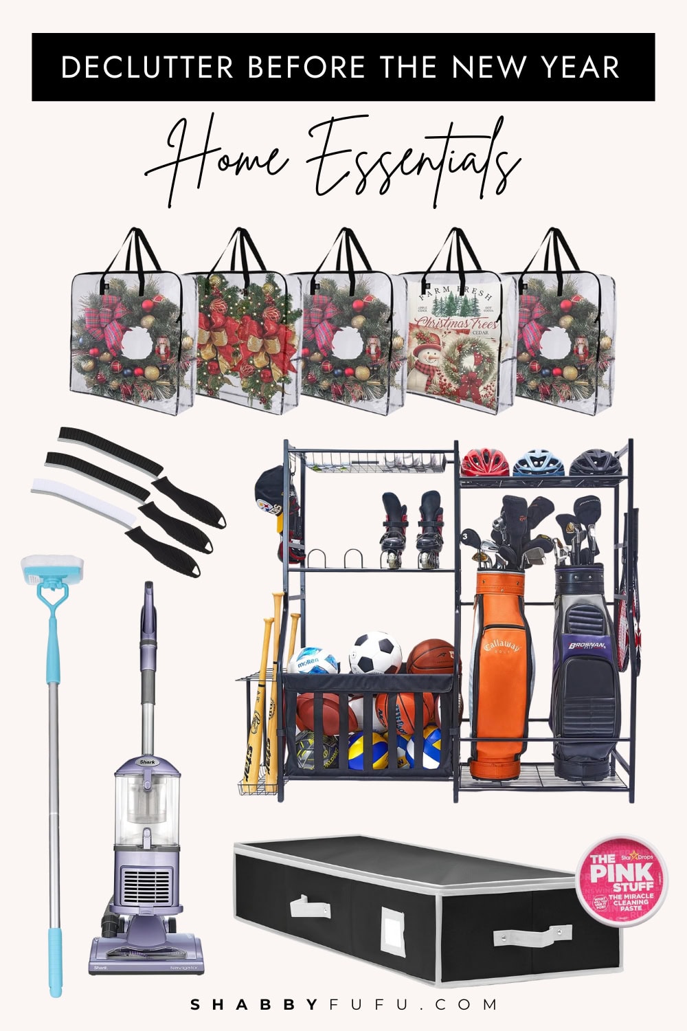Declutter before new year ideas collage featuring home finds