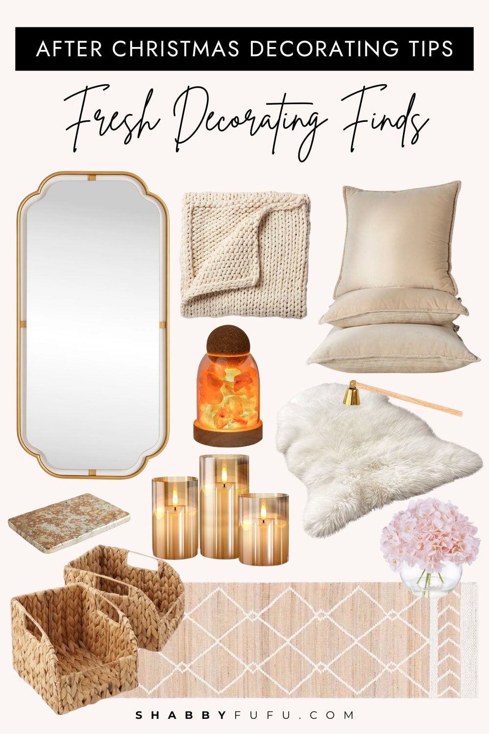 After Christmas decorating tips collage featuring fresh decorating finds