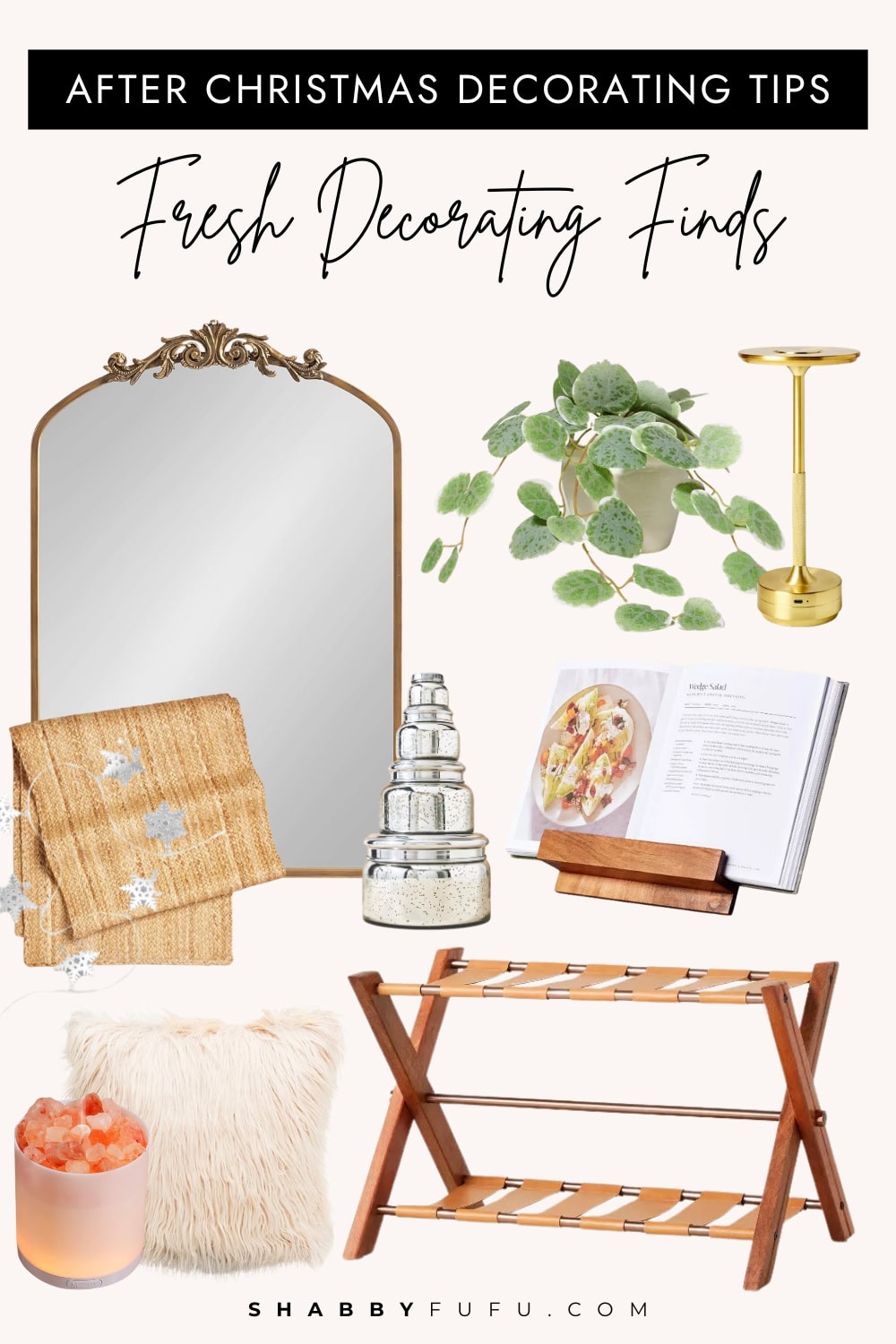After Christmas decorating tips collage featuring fresh decorating finds