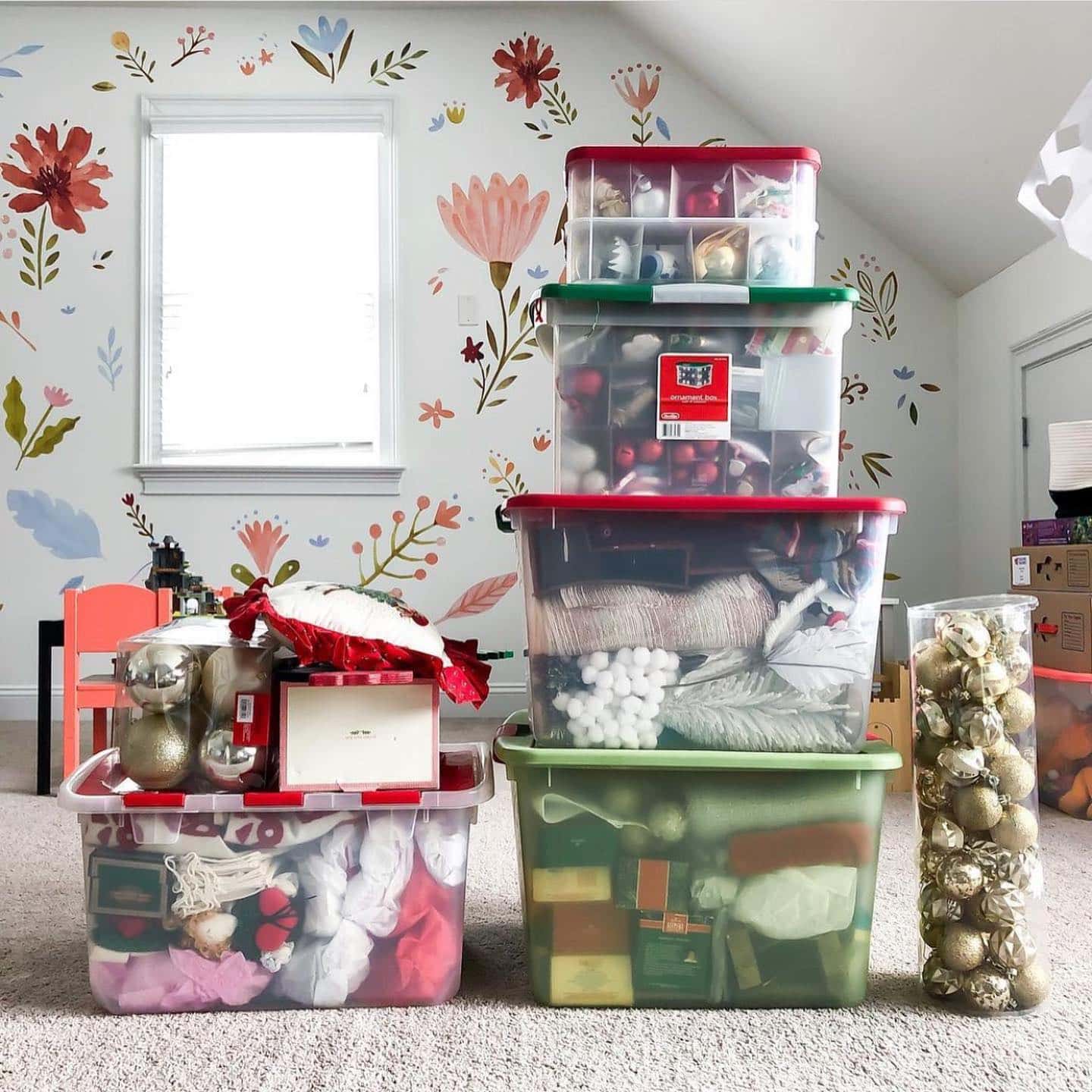 Holiday decor storage ideas featuring a boxes with Christmas decor