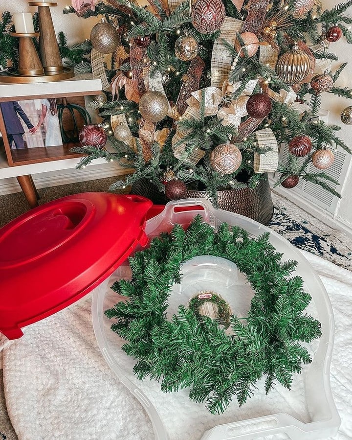 Holiday decor storage ideas featuring a a wreath inside a wreath box