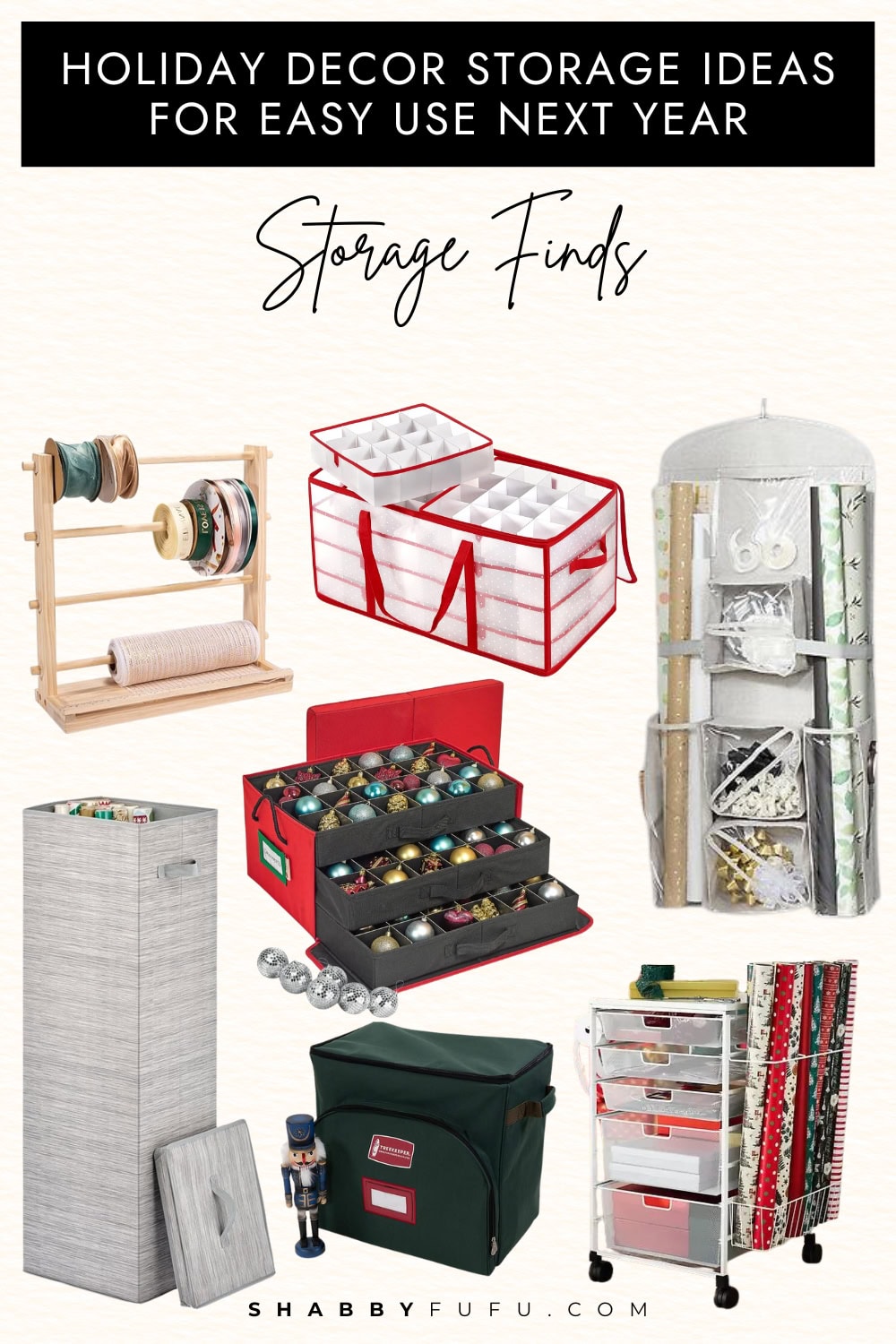 Holiday decor storage ideas collage featuring a collage with home finds