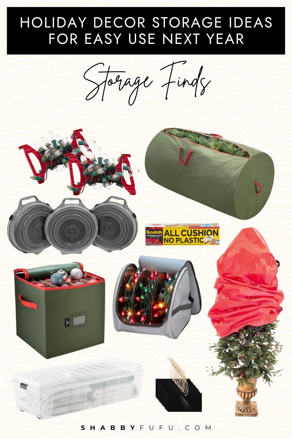 Holiday decor storage ideas collage featuring a collage with home finds