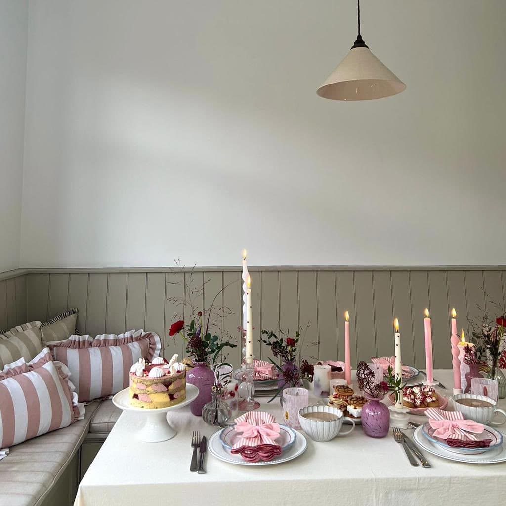 Valentines Day Brunch idea featuring a tablescape in a breakfast nook