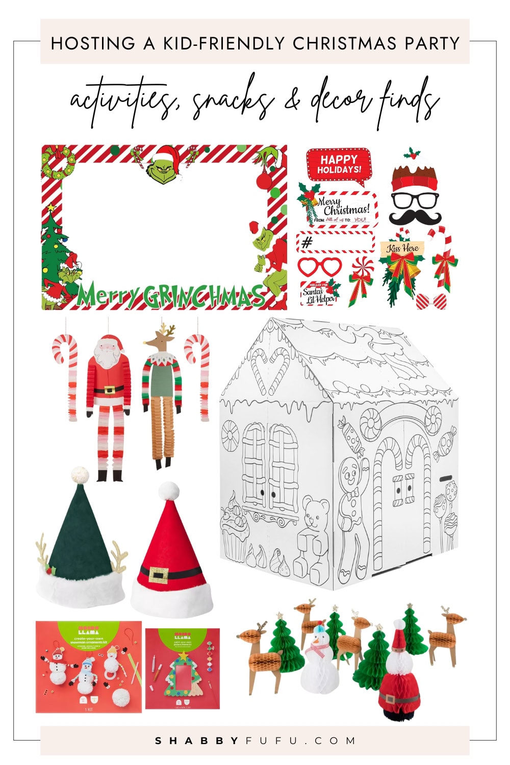 kid-friendly Christmas party collage featuring products and finds