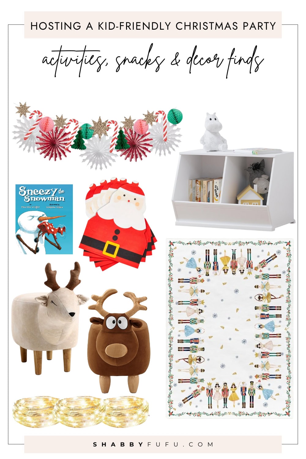 kid-friendly Christmas party collage featuring products and finds