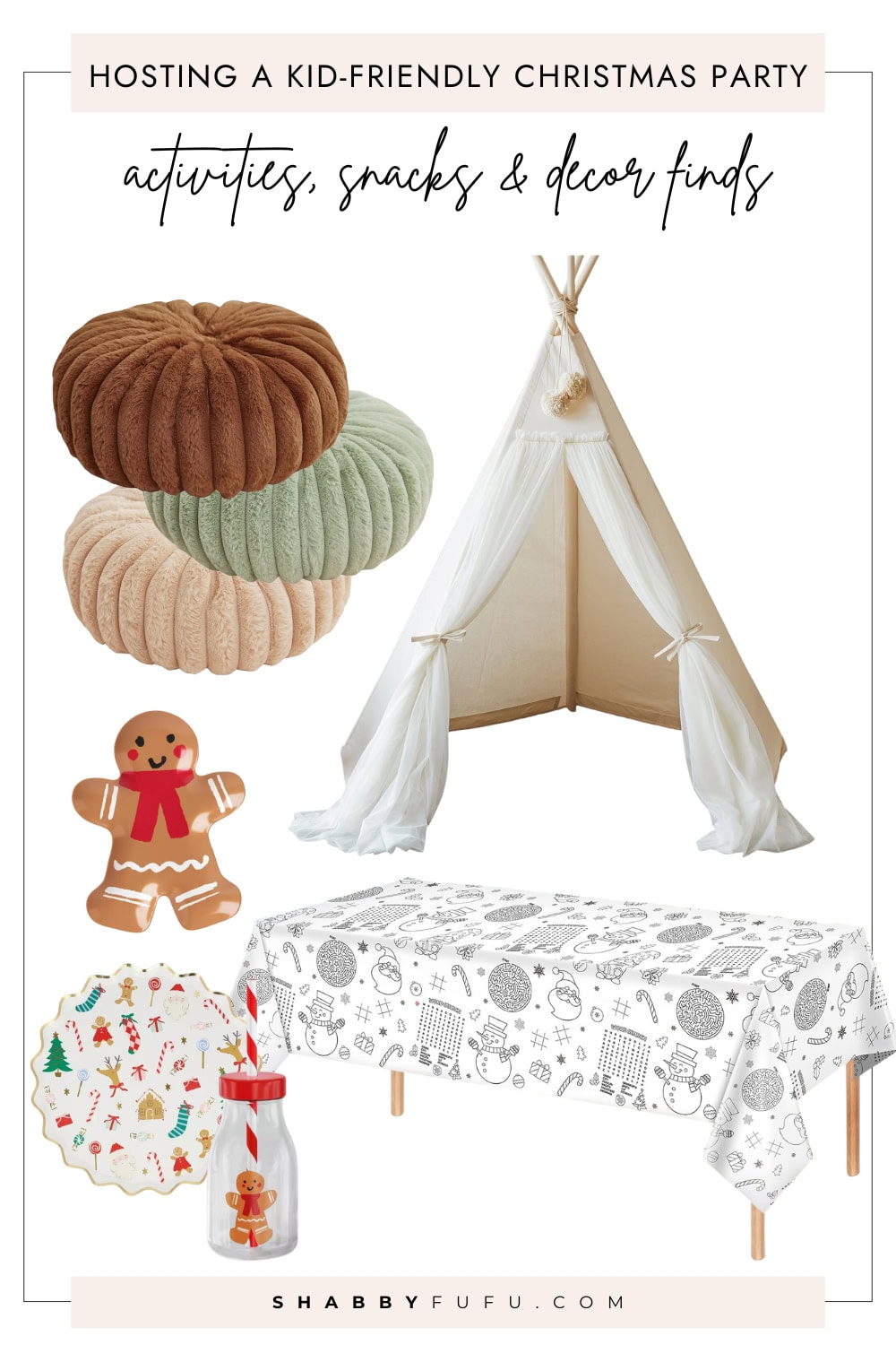 kid-friendly Christmas party collage featuring products and finds