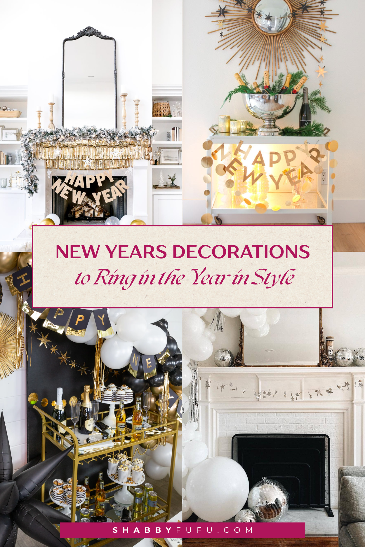 New Years decorations pinterest graphic featuring different decorative ideas