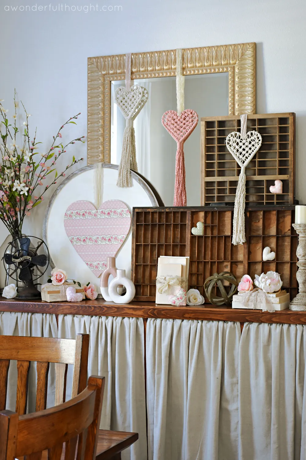 Vintage Valentine's Day decor idea featuring a vignette mantel in european country style