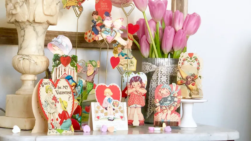 Vintage Valentine's Day decor idea featuring vintage valentine cards