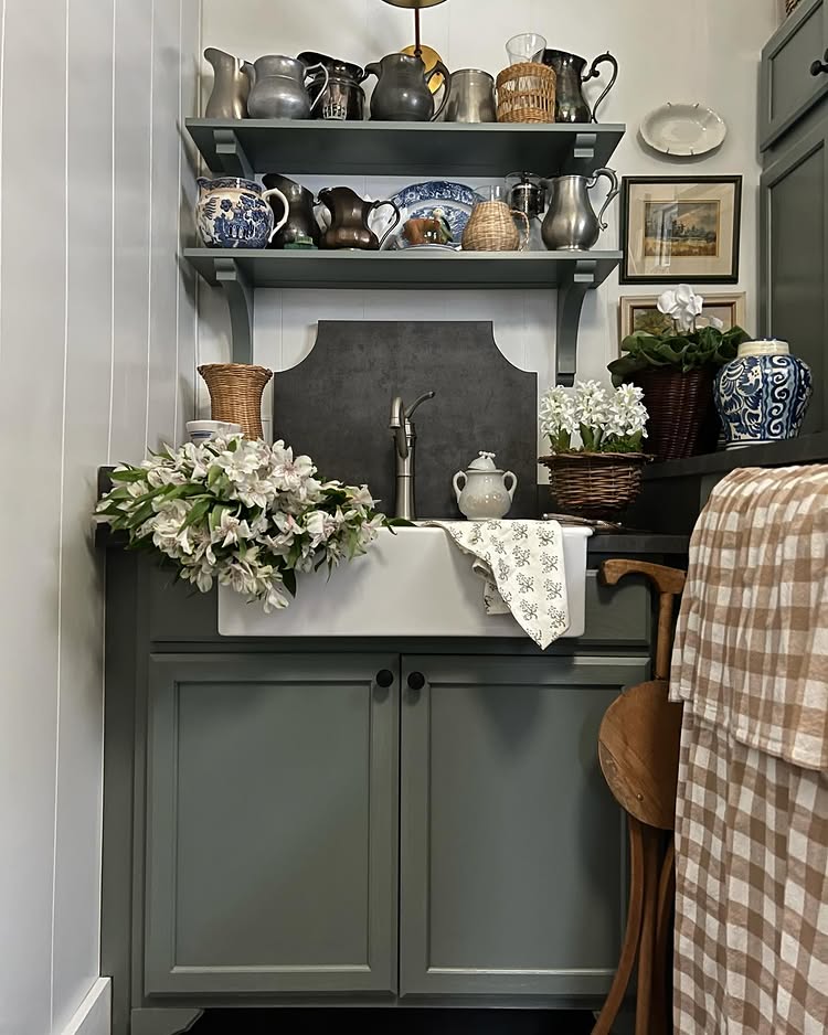 Real-life example of cottage style kitchen decor featuring green counters