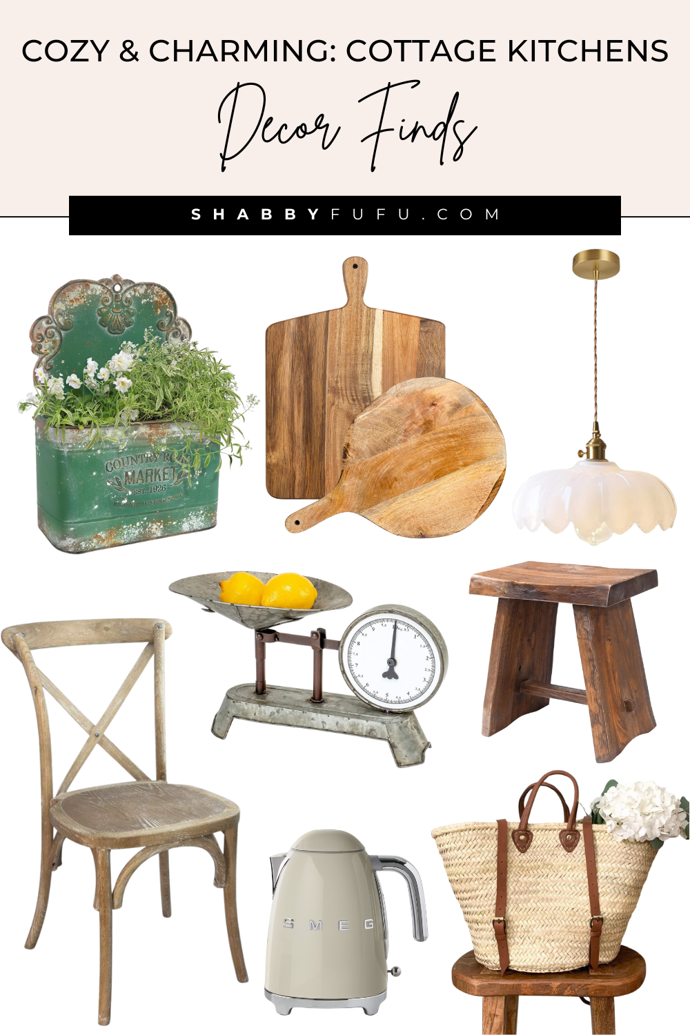 Pinterest pin collage featuring cottage style decor ideas and decor finds