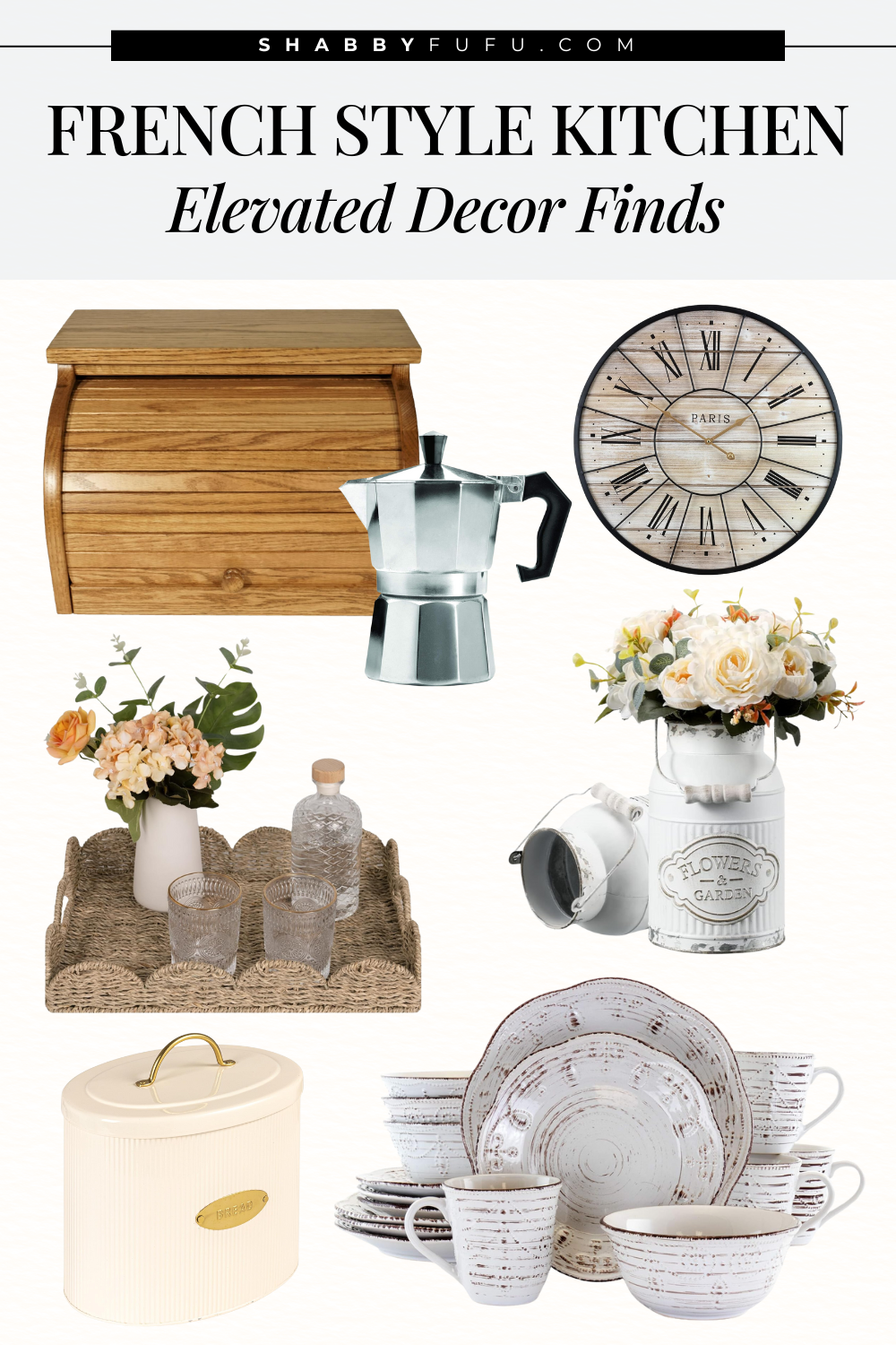 Elegant and Timeless French Style Kitchen Decor Ideas Pinterest Pin featuring collage with products