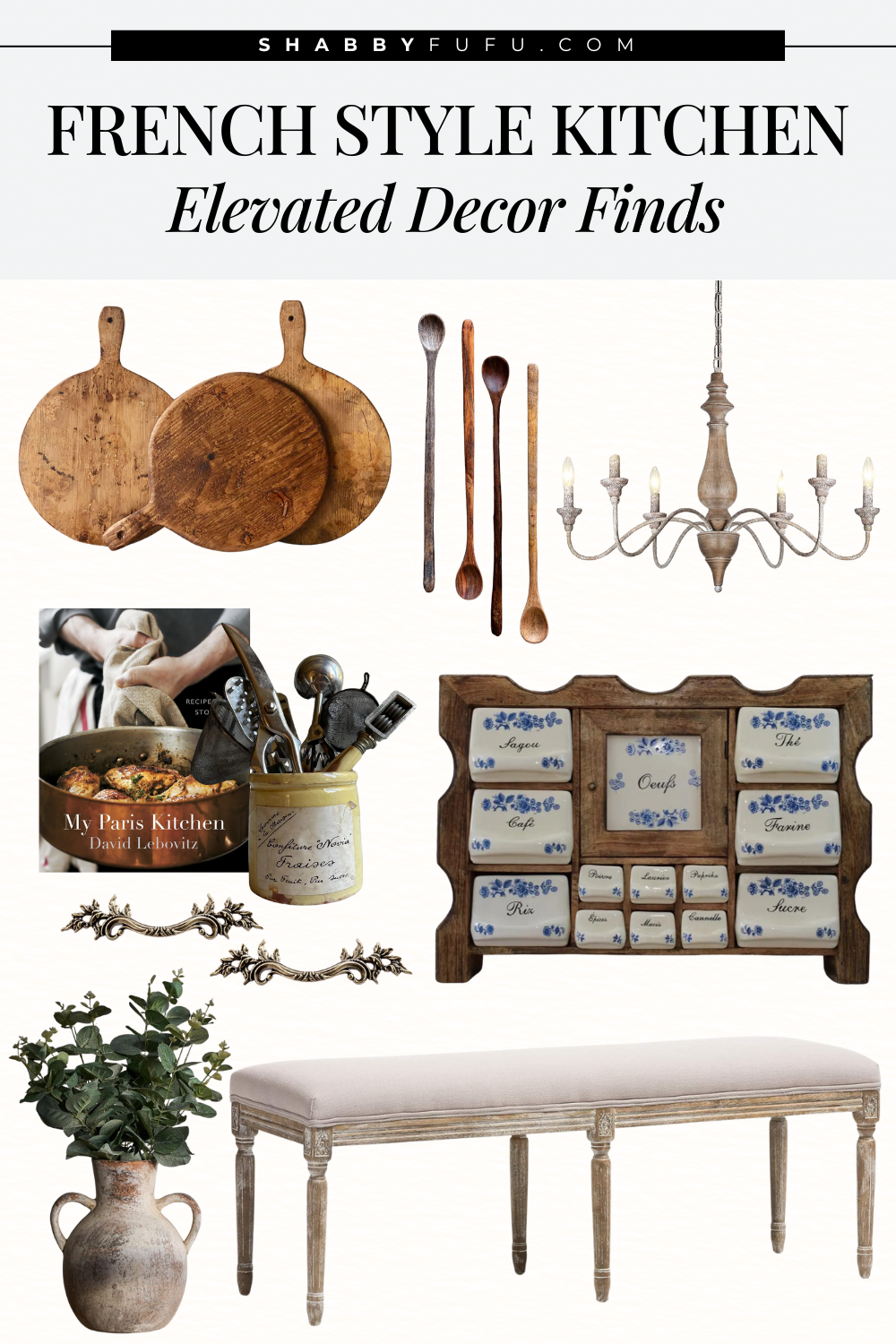 Elegant and Timeless French Style Kitchen Decor Ideas Pinterest Pin featuring collage with products