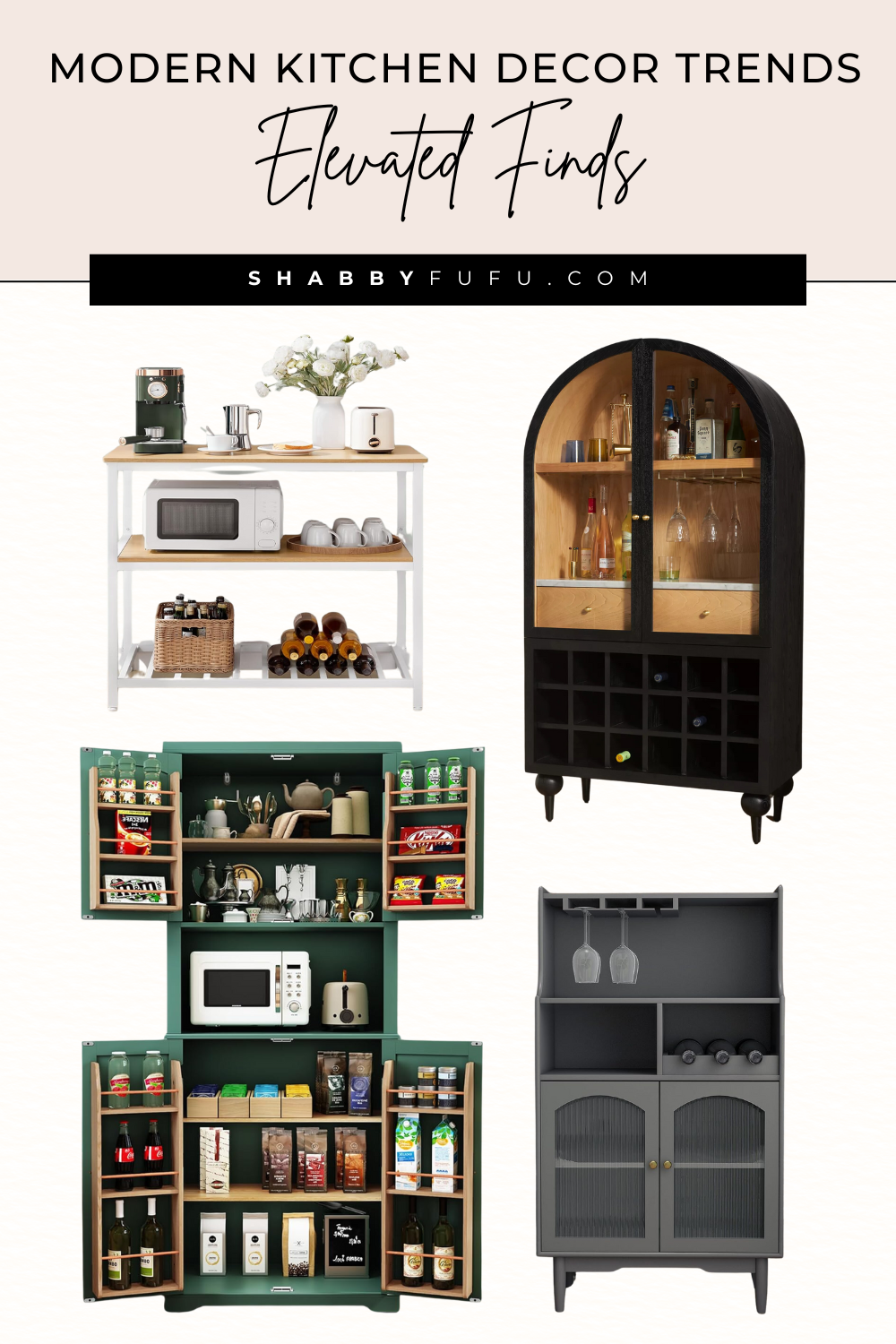 Pinterest pin collage featuring modern kitchen decor trends finds