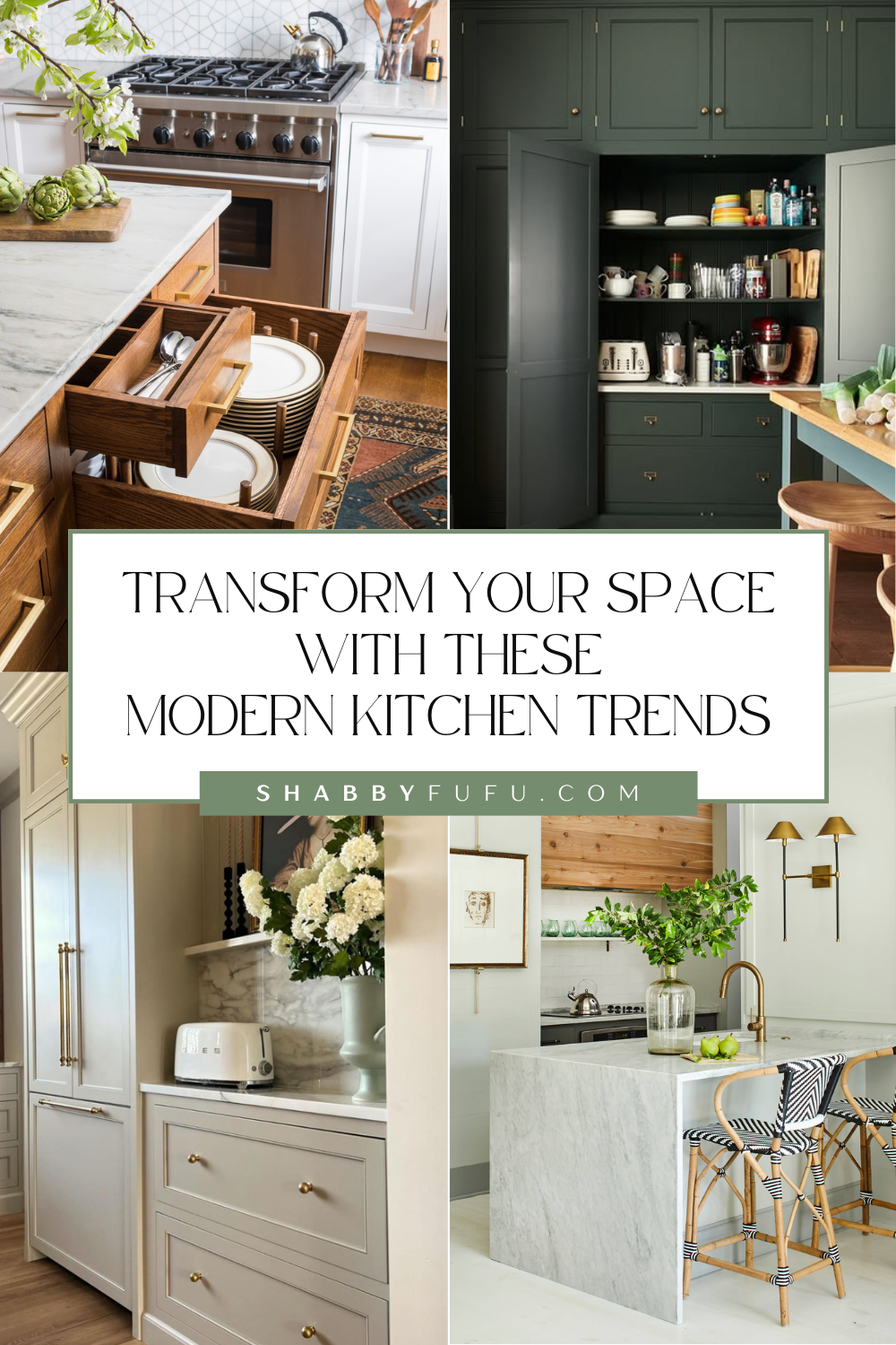 Pinterest Pin featuring a collage of real-life example of cottage style kitchens decor