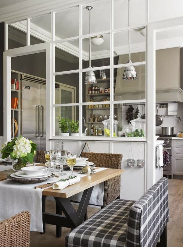 Example of modern kitchen decor trends featuring a kitchen in whites with an indoor grid window