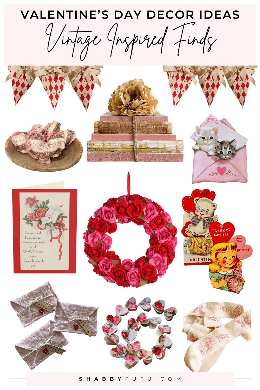 Vintage Valentine's Day Decor Pinterest collage featuring product finds
