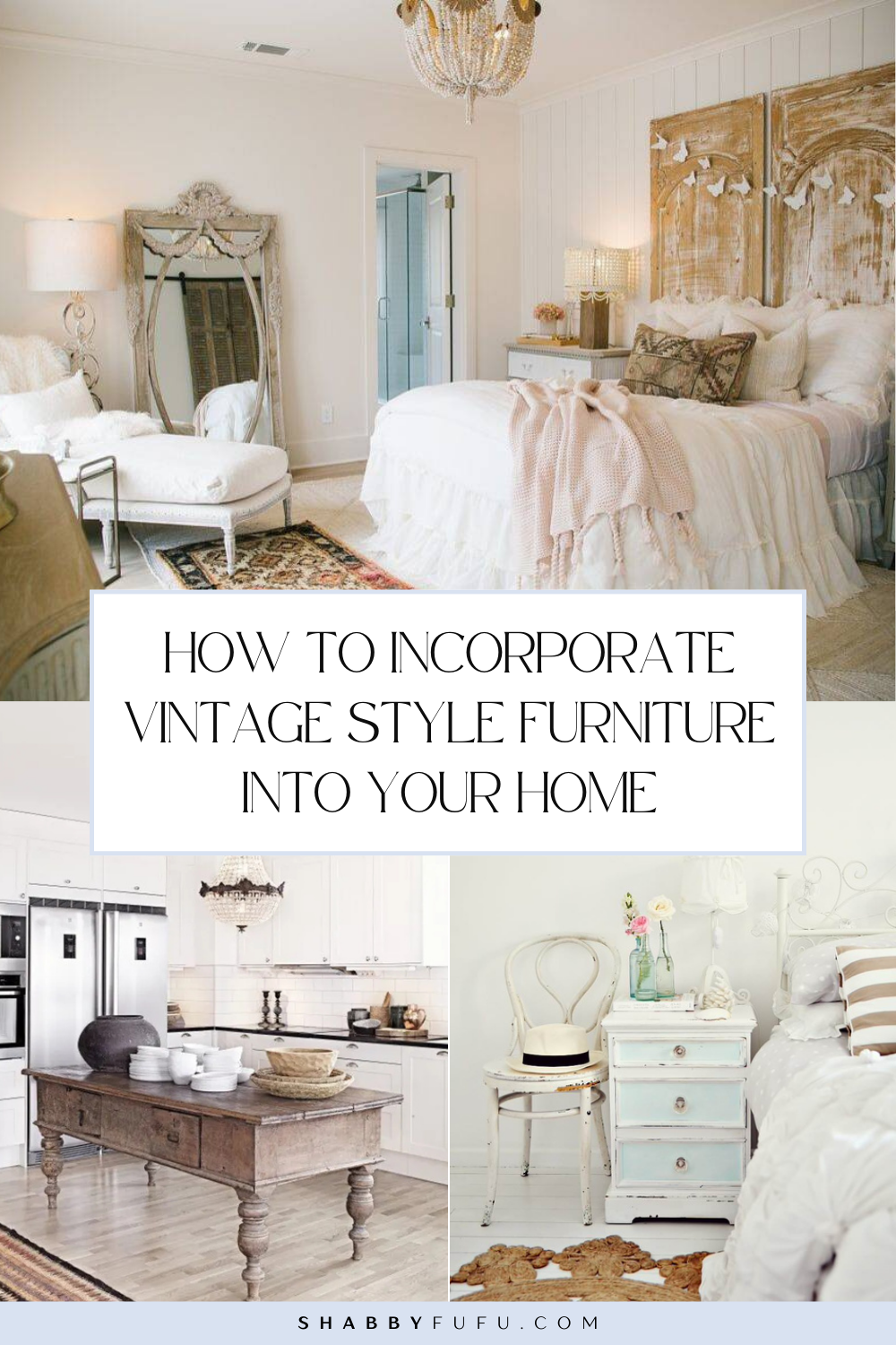 Pinterest pin collage featuring interiors showcasing modern and vintage style furniture pieces