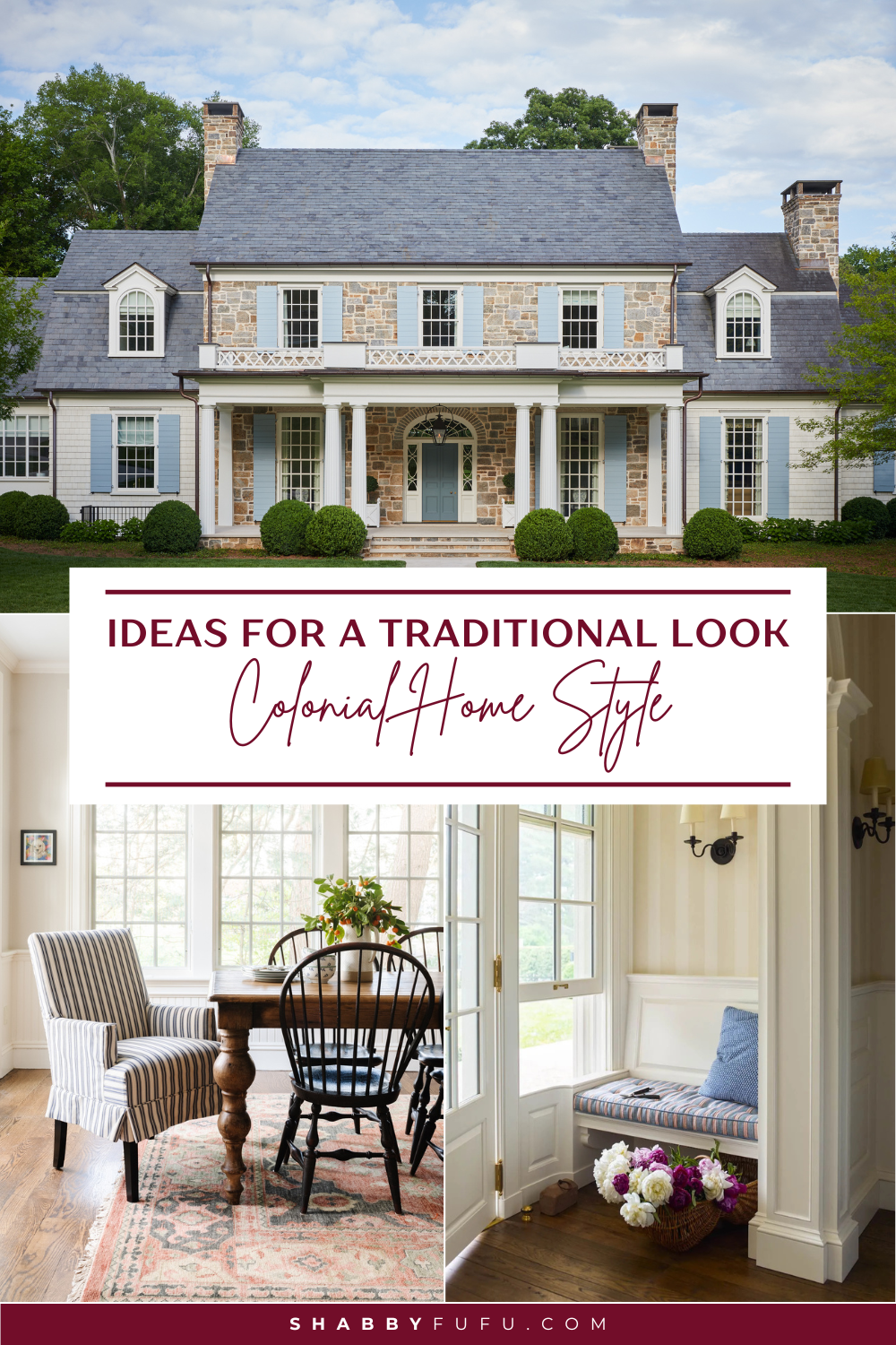 Pinterest Pin featuring a collage of images in colonial home style