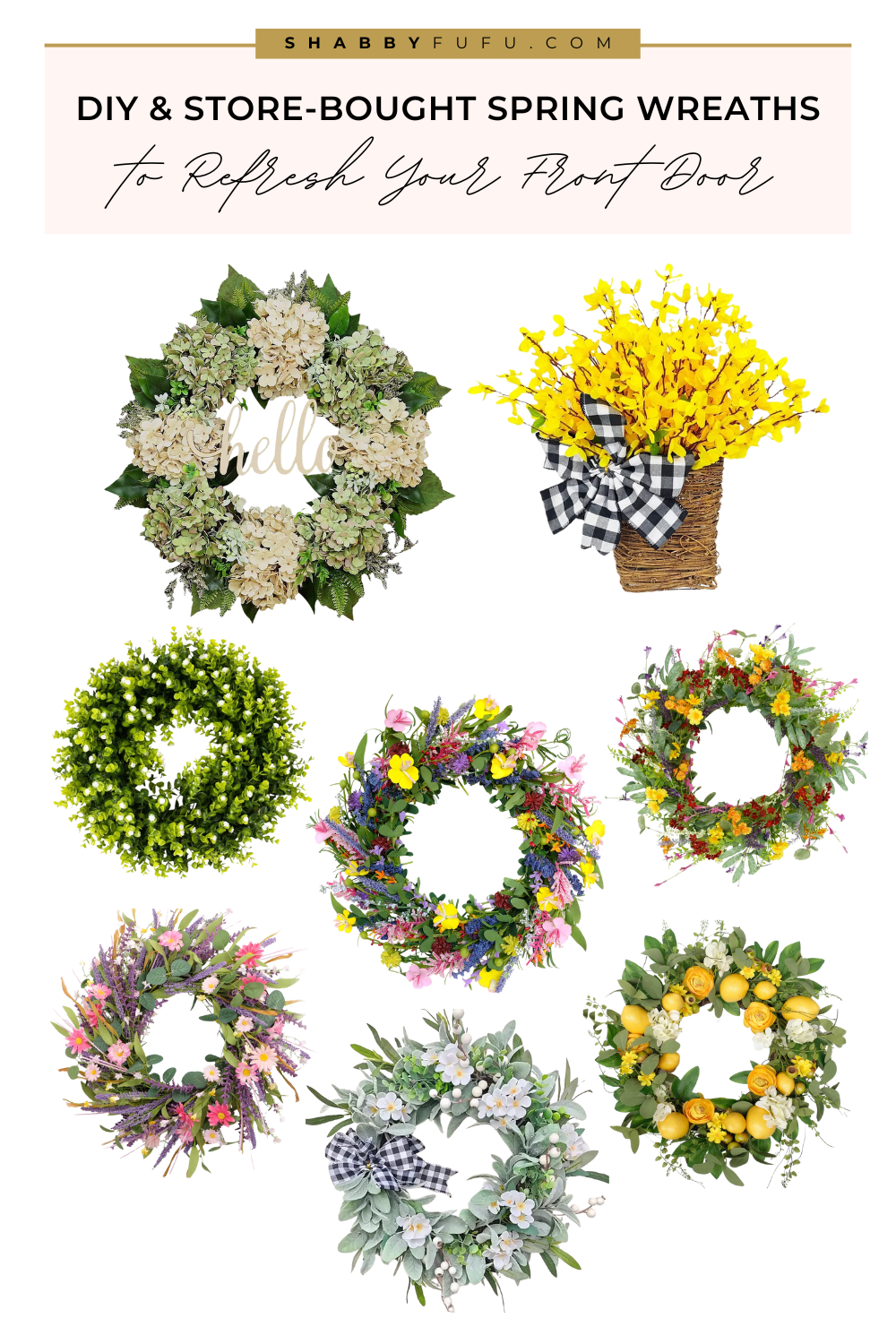 spring wreaths for your front door Pinterest Pin featuring a collage with spring wreath finds
