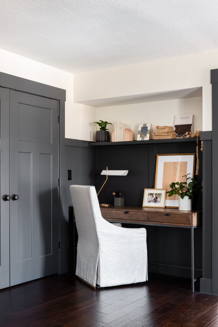 Brunette flooring example featuring a contemporary traditional home office corner